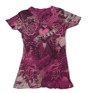 Sinful by Affliction pink & black rose graphic tee- size medium
